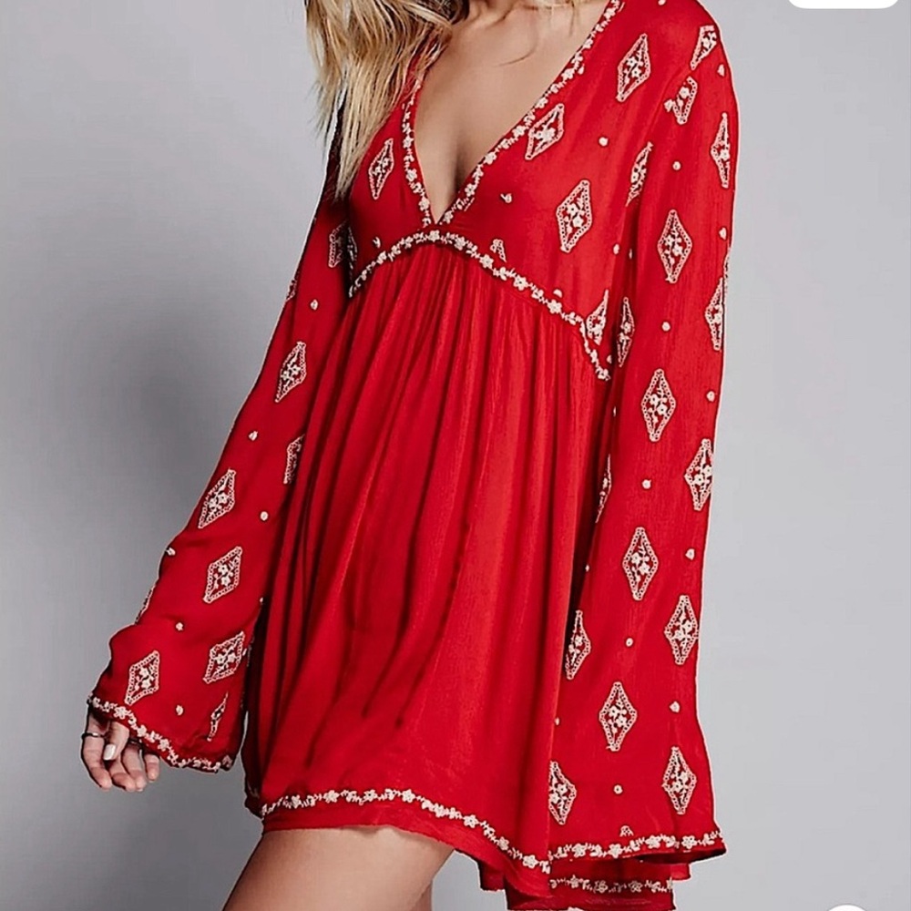 Free People Red Patterned Long Sleeve Dress